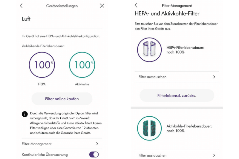 Das Filtermanagement der Dyson Link App zeigt die Restdauer der Filter von dem Dyson Pure Hot and Cool HP04 Luftreiniger